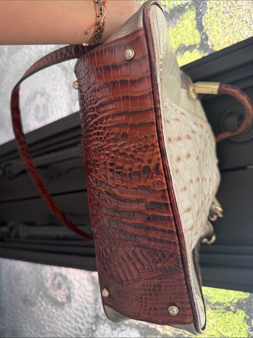 Brahmin Croc-Embossed Shoulder Bag in Cream and Brown - Picture 6 of 7